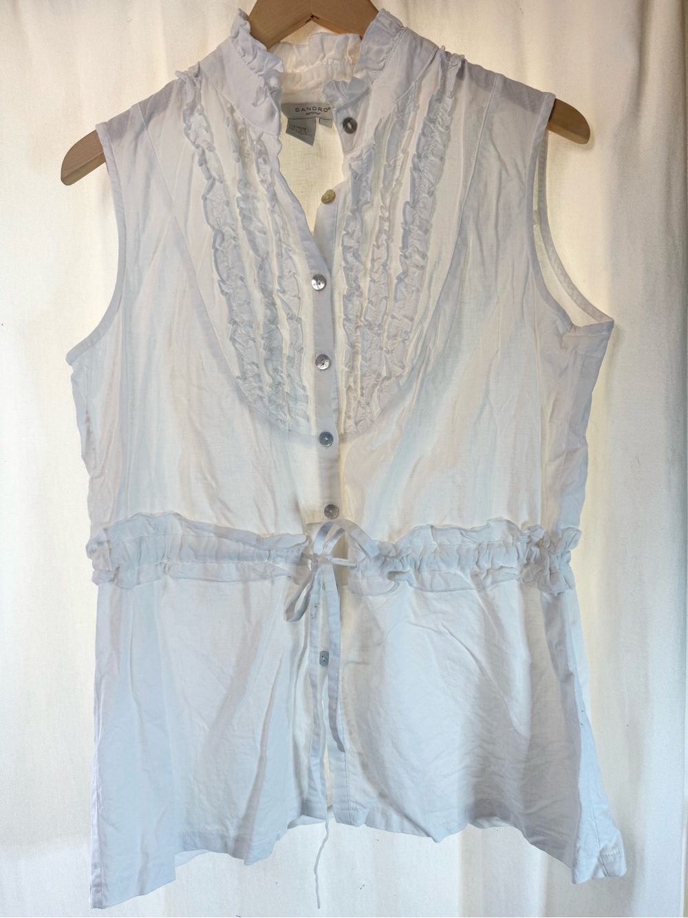 Sandro White Ruffle-Collar Linen Blend Top